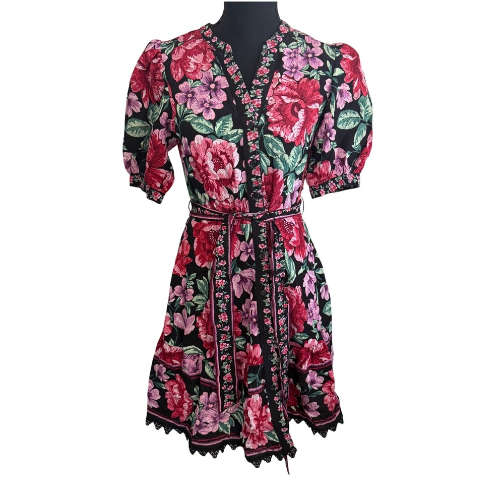 Calypso St Barth Floral Mini Dress Puff Sleeve Lace Trim XS Cottagecore Vacation